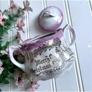 Antique Leuchtenburg Germany Merry Christmas Porcelain SUGAR CREAMER SET Pink